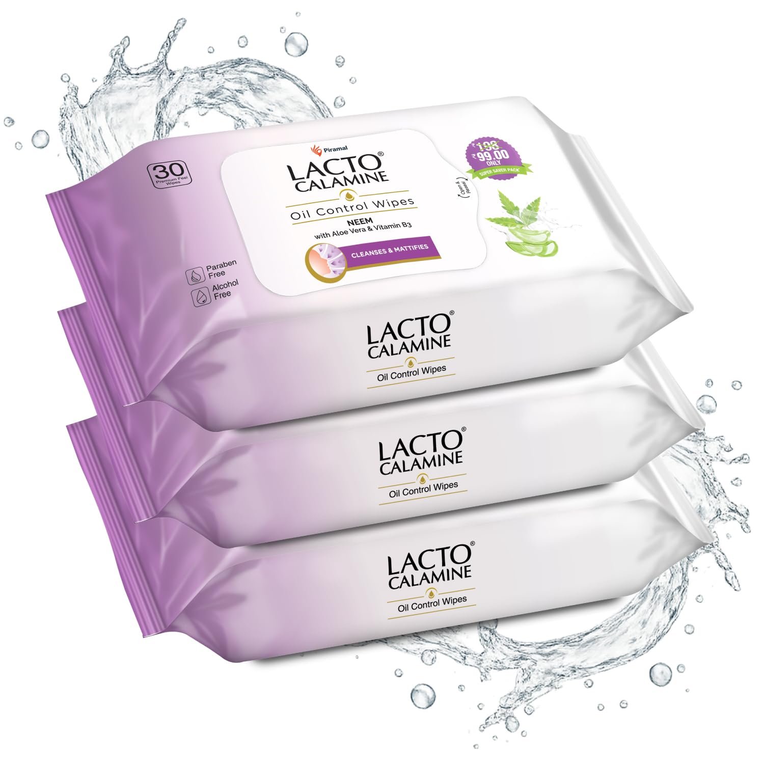 Lacto Calamine Oil Control Face Wipes | With Neem, Aloe Vera & Niacinamide | Makeup Remover & Wet Face Wipes | Paraben & Alcohol Free | 30 Wipes × 3 Packs